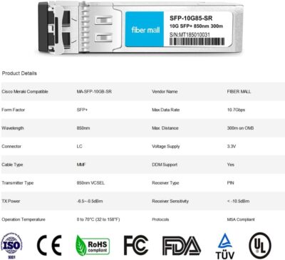 fibe mall SFP 10G LR for Cisco Meraki MA-SFP-10GB-LR 10GBASE-LR SFP+ 1310nm 10km DOM Transceiver Module