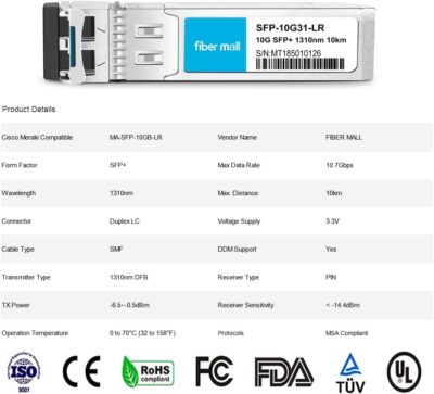 fibe mall SFP 10G LR for Cisco Meraki MA-SFP-10GB-LR 10GBASE-LR SFP+ 1310nm 10km DOM Transceiver Module