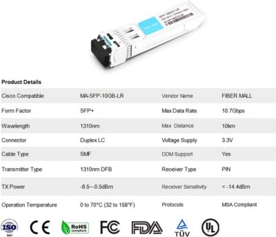 fibe mall SFP 10G LR for Cisco Meraki MA-SFP-10GB-LR 10GBASE-LR SFP+ 1310nm 10km DOM Transceiver Module