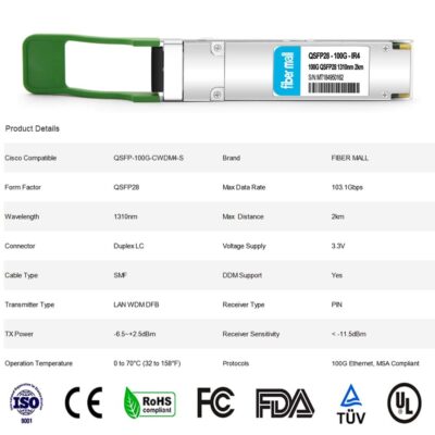 100G QSFP28 SR4 for Cisco QSFP-100G-SR4-S, 100GBASE-SR4 QSFP28 Optical Transceiver Module 850nm 100m DOM MTP/MPO DOM