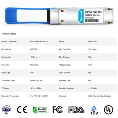 100G QSFP28 SR4 for Cisco QSFP-100G-SR4-S, 100GBASE-SR4 QSFP28 Optical Transceiver Module 850nm 100m DOM MTP/MPO DOM