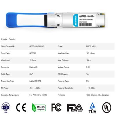 100G QSFP28 SR4 for Cisco QSFP-100G-SR4-S, 100GBASE-SR4 QSFP28 Optical Transceiver Module 850nm 100m DOM MTP/MPO DOM