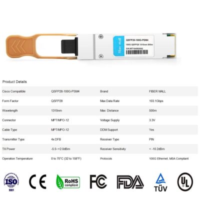 100G QSFP28 SR4 for Cisco QSFP-100G-SR4-S, 100GBASE-SR4 QSFP28 Optical Transceiver Module 850nm 100m DOM MTP/MPO DOM