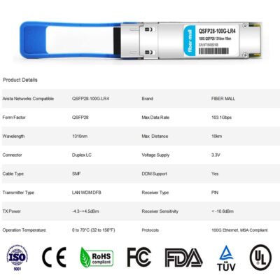 100G QSFP28 SR4 for Cisco QSFP-100G-SR4-S, 100GBASE-SR4 QSFP28 Optical Transceiver Module 850nm 100m DOM MTP/MPO DOM