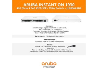 Aruba Instant On 1930 48-Port Gb Ethernet 48xGE PoE (370W), 4X 1G/10G SFP+, L2+ Smart Switch US Cord (JL686B#ABA)