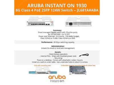 Aruba Instant On 1930 8-Port PoE Gb Ethernet 8xGE PoE (124W), 2X 1G SFP, L2+ Smart Switch US Cord (JL681A#ABA)