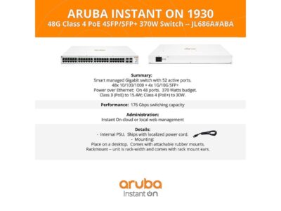 Aruba Instant On 1930 48-Port Gb Ethernet 48xGE PoE (370W), 4X 1G/10G SFP+, L2+ Smart Switch US Cord (JL686A#ABA)