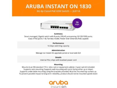 Aruba Instant On 1830 8-Port Gb | 4-Port Class 4 PoE Smart Switch (65W) - 8X 1G |Fanless | US Cord (JL811A#ABA)