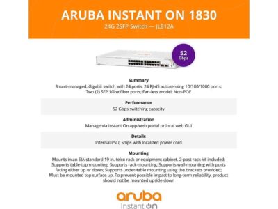 Aruba Instant On 1830 24-Port Gb Smart Switch - 24x 1G |2X SFP | Fanless | US Cord (JL812A#ABA)