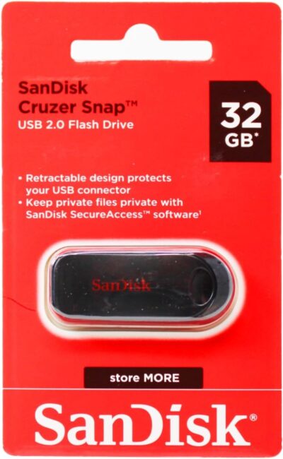 SanDisk USB Memory 32GB Black USB 2.0 Slide Retractable SanDisk Cruzer Snap SDCZ62-032G-G35