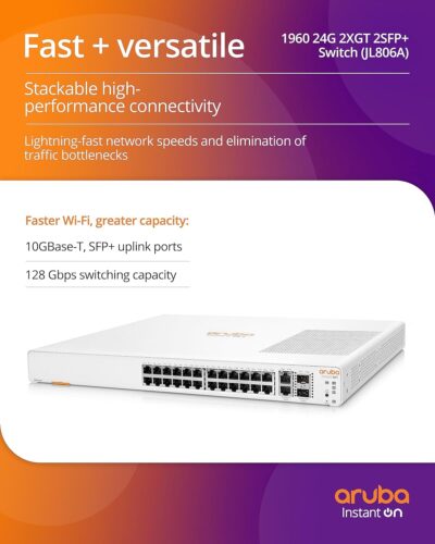 Aruba Instant On 1960 24-Port Gb Smart-Managed Layer 2+ Ethernet Switch with PoE (370W) | 24x 1G | 2X 10GBase-T + 2X SFP+ Uplink Ports | Stackable | US Cord (JL807A#ABA)