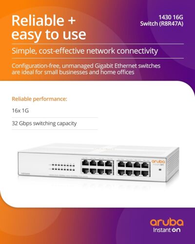 Aruba Instant On 1430 16-Port Gb Unmanaged Layer 2 Ethernet Switch | 16x 1G | Fan-Less | US Cord (R8R47AABA)