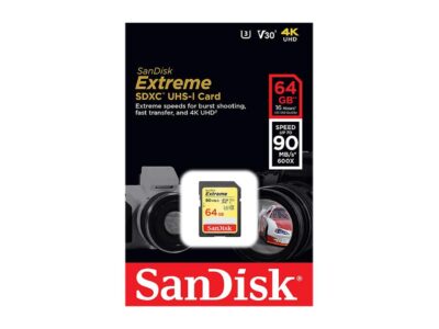 SanDisk 64GB Extreme SDXC UHS-I/U3 Class 10 Memory Card, Speed Up to 90MB/s (SDSDXVE-064G-GNCIN)