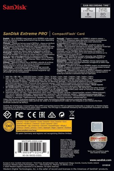 SanDisk 64GB Extreme PRO Compact Flash Memory Card UDMA 7 Speed Up To 160MB/s - SDCFXPS-064G-X46