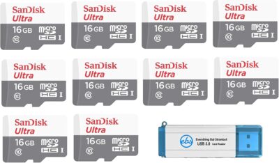 SanDisk Ultra SDSQUNS-016G-GN3MN 16GB (10 Pack) UHS-I Class 10 microSDHC Card Bundle with (1) Everything But Stromboli 3.0 SD/TF Micro Reader