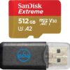 SanDisk Micro Extreme 512GB SDXC UHS-I U3 V30 Memory Card Works with Camera GoPro Action Camera Hero 12 Black (SDSQXAV-512G-GN6MN) Bundle with (1) Everything But Stromboli MicroSD Card Reader