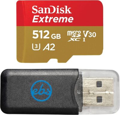 SanDisk Micro Extreme 512GB SDXC UHS-I U3 V30 Memory Card Works with Camera GoPro Action Camera Hero 12 Black (SDSQXAV-512G-GN6MN) Bundle with (1) Everything But Stromboli MicroSD Card Reader