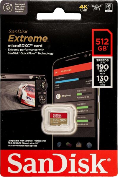 SanDisk Micro Extreme 512GB SDXC UHS-I U3 V30 Memory Card Works with Camera GoPro Action Camera Hero 12 Black (SDSQXAV-512G-GN6MN) Bundle with (1) Everything But Stromboli MicroSD Card Reader