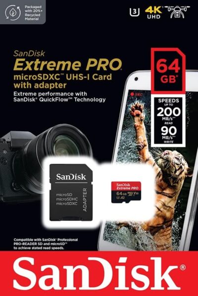 SanDisk 64GB Extreme PRO? microSD? UHS-I Card with Adapter C10, U3, V30, A2, 200MB/s Read 90MB/s Write SDSQXCU-064G-GN6MA