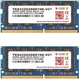 (TES432G26D819K-VC) V-COLOR 64GB ECC SO-DIMM DDR4 2666MHz (PC4-21300) for microservers, workstations, Networking Platforms and Embedded Systems 2Rx8 CL19 1.2V