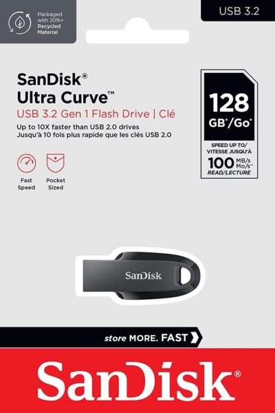 SanDisk Ultra Curve Flash Drive 128GB USB Drive 3.2 Gen 1 USB-A High Speed Thumb Drive for Computers, Laptops, Desktops 100MB/s (SDCZ550-128G-G46) Bundle with (1) Everything But Stromboli Lanyard