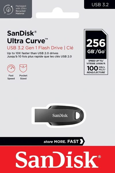 SanDisk Ultra Curve 256GB Flash Drive USB Drive 3.2 Gen 1 USB-A High Speed Thumb Drive for Computers, Laptops, Desktops 100MB/s (SDCZ550-256G-G46) Bundle with (1) Everything But Stromboli Lanyard