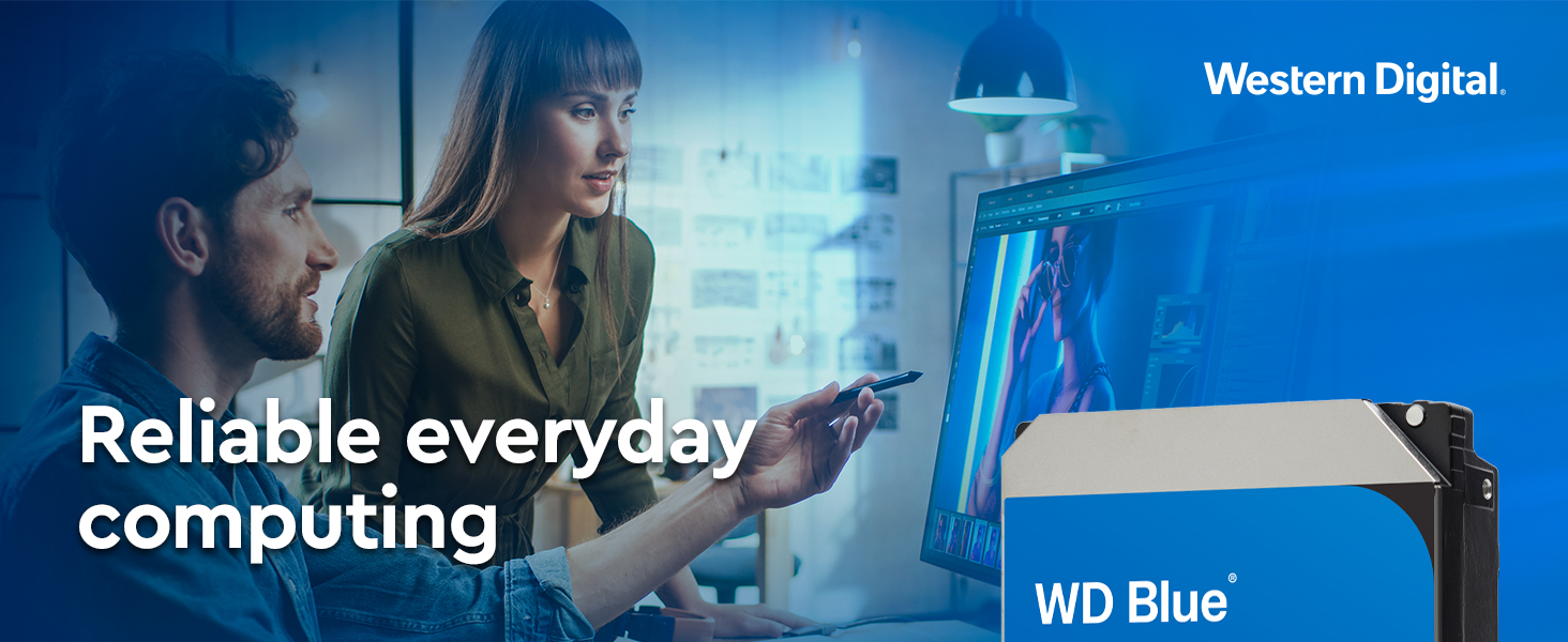 Western Digital Reliable Everyday Computing. Two content creators editing a photo on a desktop.