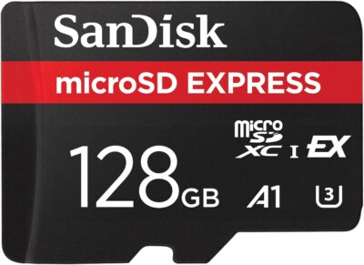 SanDisk Micro SD Express, 128GB micro SD card, Read speeds up to 880 MB/s, Write Speeds up to 480MB/s, Sustained Write 100MB/s, Up to 4.4 times faster read speeds than our fastest microSD Class 10, U3