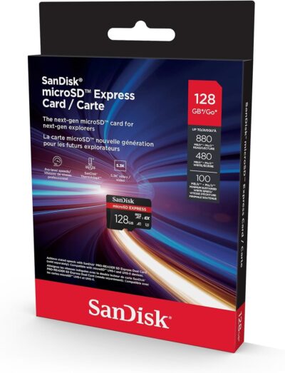 SanDisk Micro SD Express, 128GB micro SD card, Read speeds up to 880 MB/s, Write Speeds up to 480MB/s, Sustained Write 100MB/s, Up to 4.4 times faster read speeds than our fastest microSD Class 10, U3