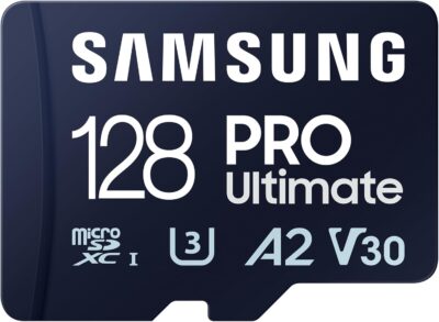 Samsung PRO Ultimate microSD Card + SD Adapter, 128 GB, for Smartphones, Drone and Action Cam, UHS-I U3, 200 MB/s Read, 130 MB/s Write, MB-MY128SA/WW