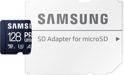 Samsung PRO Ultimate microSD Card + SD Adapter, 128 GB, for Smartphones, Drone and Action Cam, UHS-I U3, 200 MB/s Read, 130 MB/s Write, MB-MY128SA/WW