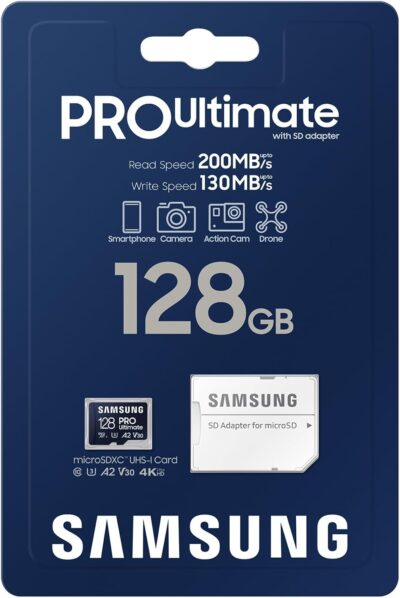 Samsung PRO Ultimate microSD Card + SD Adapter, 128 GB, for Smartphones, Drone and Action Cam, UHS-I U3, 200 MB/s Read, 130 MB/s Write, MB-MY128SA/WW