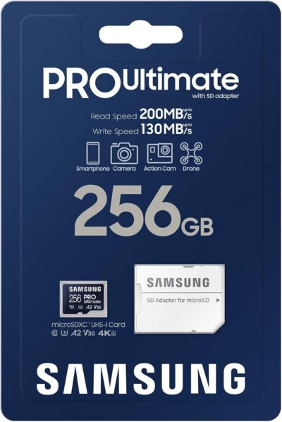 Samsung PRO Ultimate 256GB UHS-I U3 200MB/s Read 130MB/s Write Micro SD Memory Card with SD Adapter for Smartphone, Drone or Action Cam