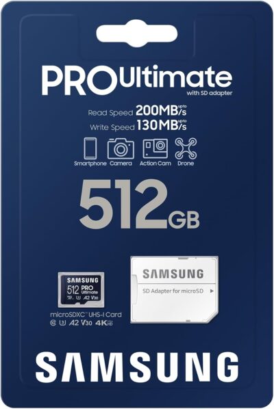 Samsung PRO Ultimate MicroSD Memory Card (MB-MY512SA/WW) 512GB UHS-I U3 Full HD & 4K UHD 200MB/s Read 130MB/s Write for Smartphone, Drone or Action Cam + SD Adapter