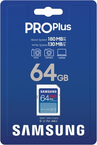 Samsung PRO Plus 64GB SD Memory Card (MB-SD64S/EU) UHS-I U3 Full HD & 4K UHD 180MB/s Read 130MB/s Writing for SLR Cameras and System Cameras (2023)