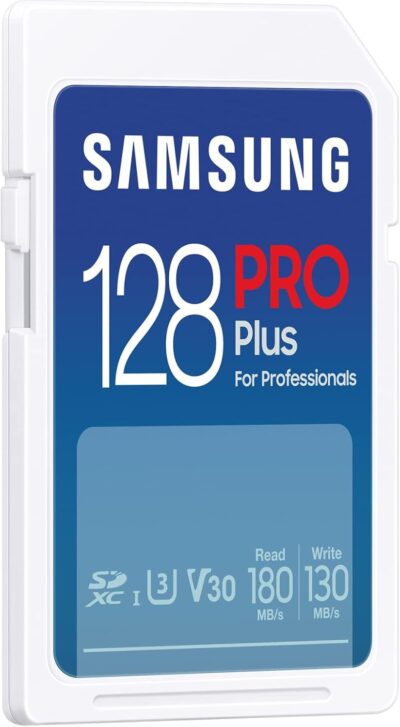 Samsung PRO Plus SD Card, 128GB, UHS-I U3, Full HD & 4K UHD, 180MB/s Read, 130MB/s Write, Memory Card for SLR Cameras and System Cameras, MB-SD128S/APC