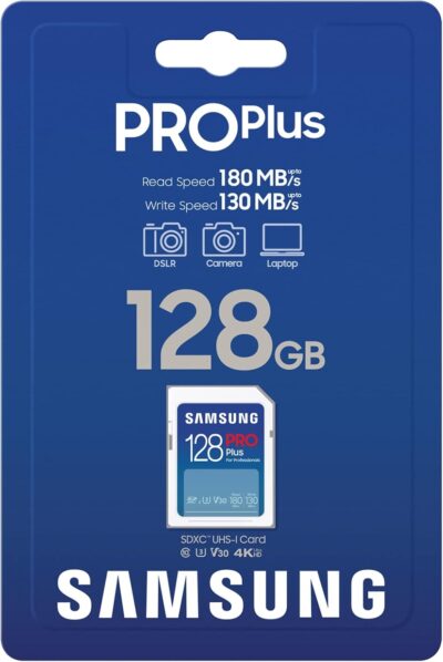 Samsung PRO Plus SD Card, 128GB, UHS-I U3, Full HD & 4K UHD, 180MB/s Read, 130MB/s Write, Memory Card for SLR Cameras and System Cameras, MB-SD128S/APC