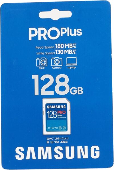 Samsung PRO Plus SD Card, 128GB, UHS-I U3, Full HD & 4K UHD, 180MB/s Read, 130MB/s Write, Memory Card for SLR Cameras and System Cameras, MB-SD128S/APC