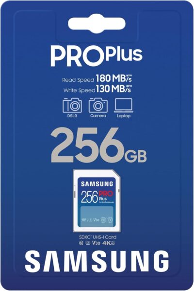 Samsung PRO Plus SD Card, 256GB, UHS-I U3, Full HD & 4K UHD, 180MB/s Read, 130MB/s Write, Memory Card for SLR Cameras and System Cameras, MB-SD256S/APC