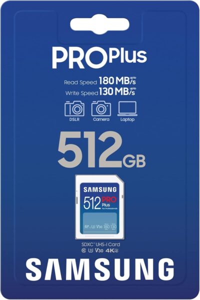 Samsung PRO Plus SD Card, 512GB, UHS-I U3, Full HD & 4K UHD, 180MB/s Read, 130MB/s Write, Memory Card for SLR Cameras and System Cameras, MB-SD512S/APC