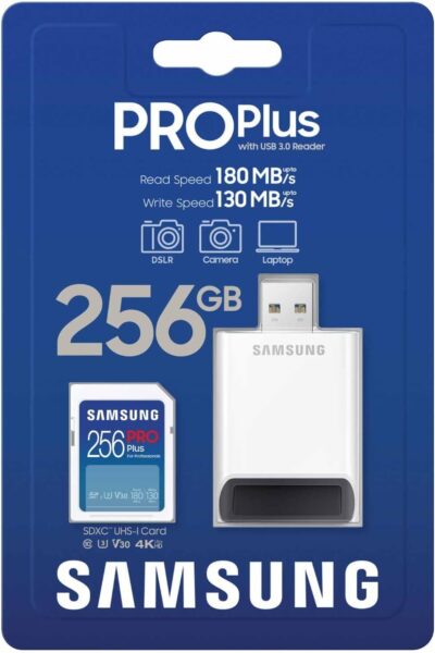 SAMSUNG PRO Plus Full Size 256GB SDXC Memory Card, Up to 180 MB/s, Full HD &amp,MB-SD256SB/WW