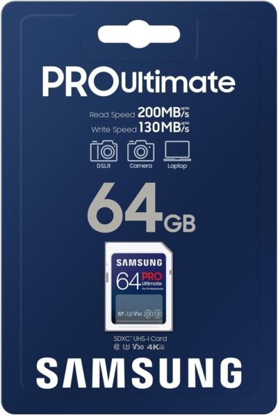 Samsung PRO Ultimate SD card, 64 GB, UHS-I U3, Full HD & 4K UHD, 200 MB/s read, 130 MB/s write, Memory card for smartphone, Drone or action cam, MB-SY64S/WW