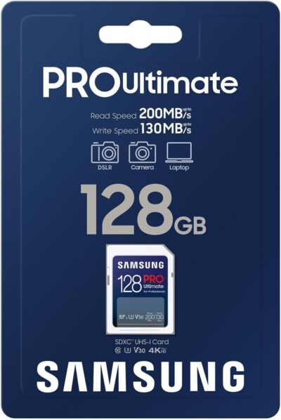 Samsung PRO Ultimate SD card, 128 GB, UHS-I U3, Full HD & 4K UHD, 200 MB/s read, 130 MB/s write, Memory card for smartphone, Drone or action cam, MB-SY128S/WW