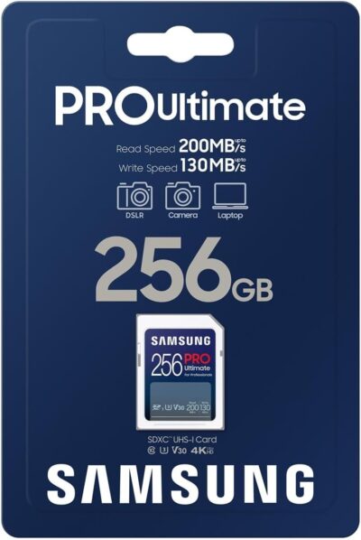 Samsung PRO Ultimate SD card, 256 GB, UHS-I U3, Full HD & 4K UHD, 200 MB/s read, 130 MB/s write, Memory card for smartphone, Drone or action cam, MB-SY256S/WW