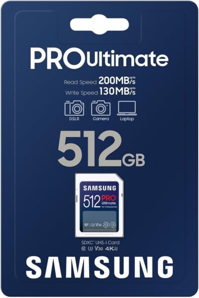 Samsung PRO Ultimate SD card, 512 GB, UHS-I U3, Full HD & 4K UHD, 200 MB/s read, 130 MB/s write, Memory card for smartphone, Drone or action cam, MB-SY512S/WW