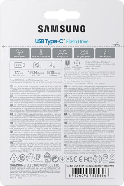 Samsung USB C Flash Drive 64GB 300MB/s Read 30MB/s Write USB 3.1 Flash Drive for Notebooks, Tablets and Smartphones, Blue, MUF-64DA/APC