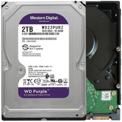 Western Digital Purple WD22PURZ 2 TB Hard Drive - 3.5" Internal - SATA (SATA/600) - Conventional Magnetic Recording (CMR) Method - Video Surveillance System Device Supported